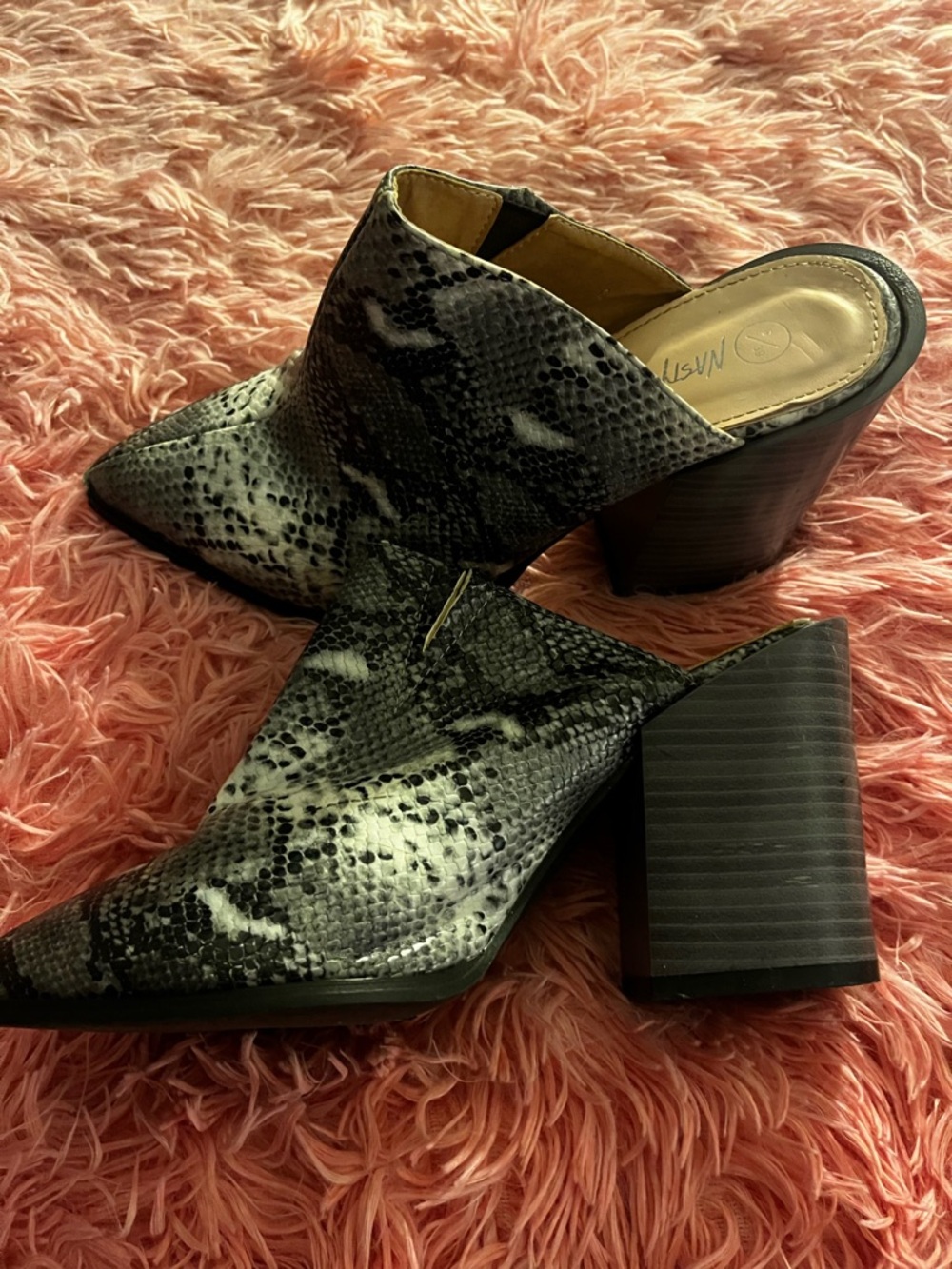 Pointed Toe Snake-Print Mule Heels, blue, size 6